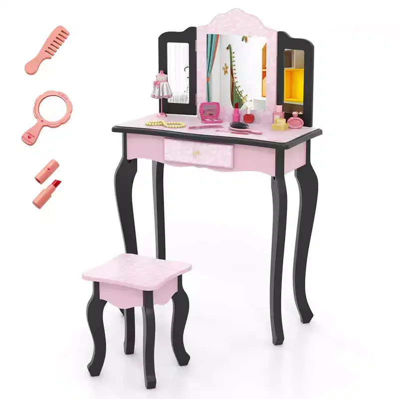 Costway Kids Vanity Table & Stool Set with Cute Polka Dot Print Tri-folding Mirror Drawer Pink&White/Light Pink&White/Pink&Black/Blue/Pink