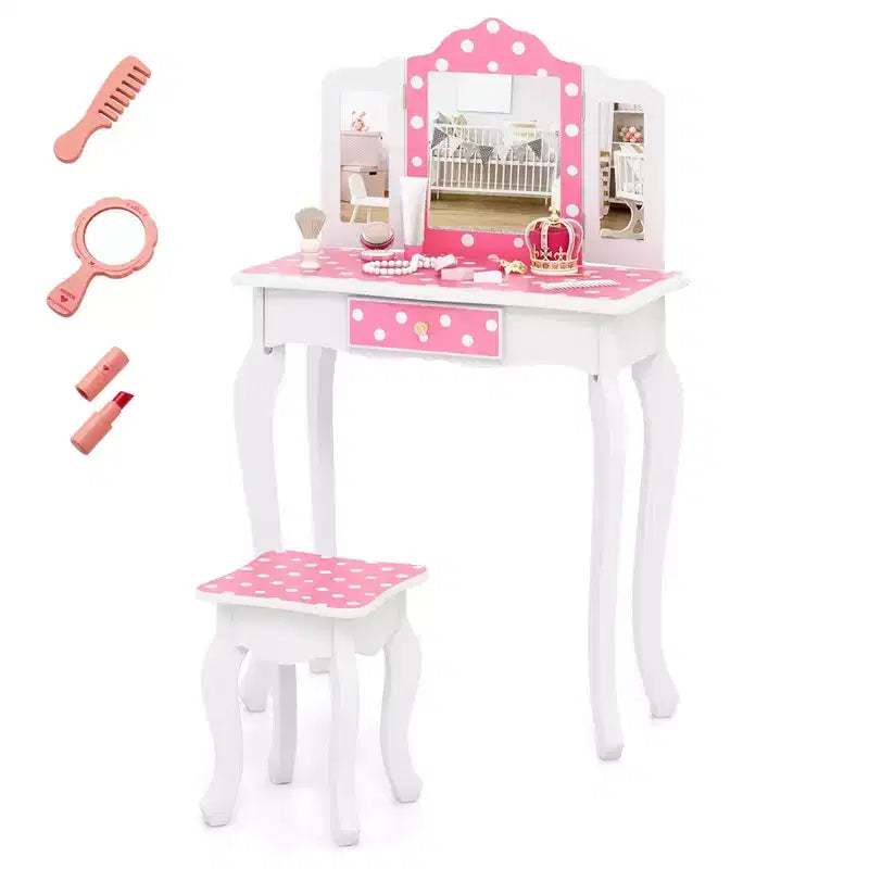 Costway Kids Vanity Table & Stool Set with Cute Polka Dot Print Tri-folding Mirror Drawer Pink&White/Light Pink&White/Pink&Black/Blue/Pink