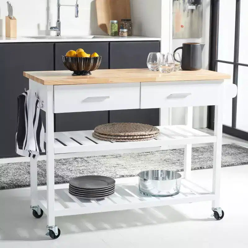 Kiko 2 Drawer 2 Shelf Kitchen Cart - KCH8704 - White/Natural - Safavieh