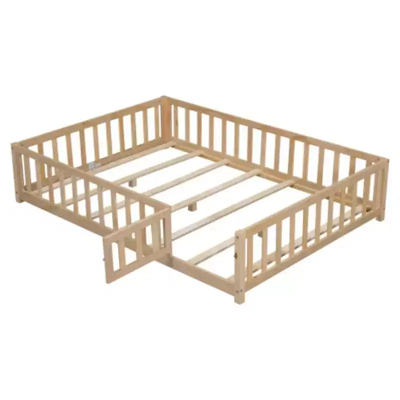 Full Size Floor Platform Bed With Fence And Door, Wooden Floor Bed Frame With Support Slats For Boys Girls Bedroom Furniture, Easy To Assembly
