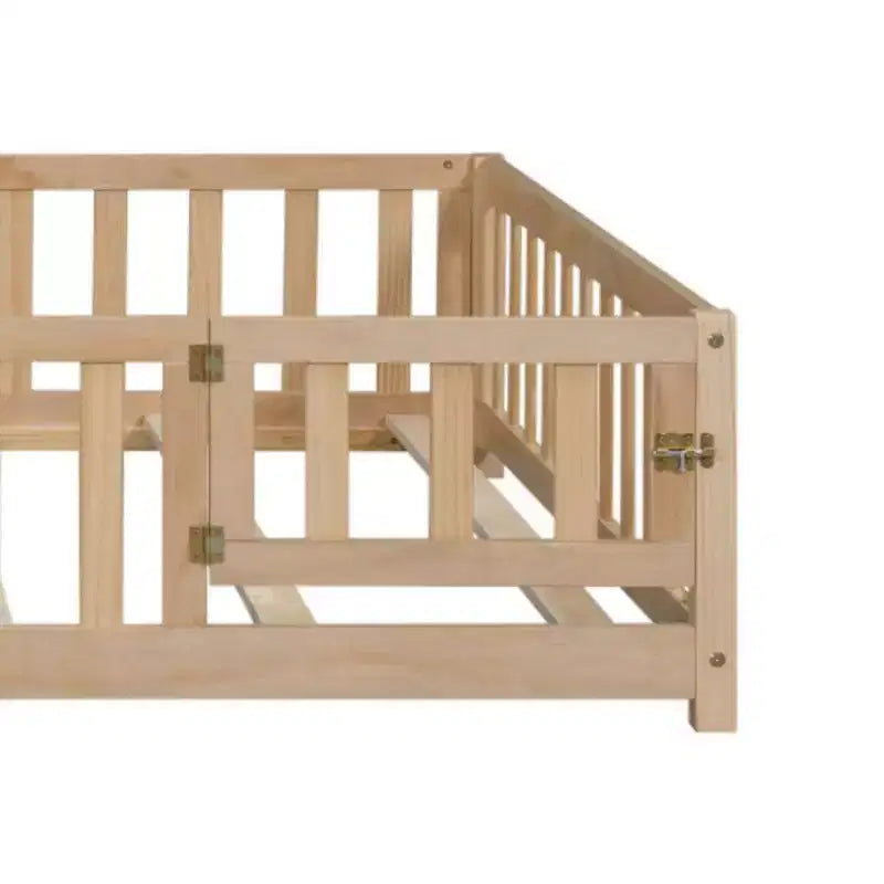 Full Size Floor Platform Bed With Fence And Door, Wooden Floor Bed Frame With Support Slats For Boys Girls Bedroom Furniture, Easy To Assembly