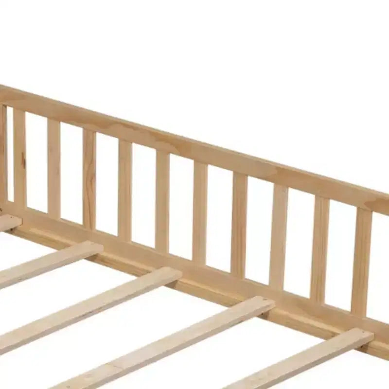 Full Size Floor Platform Bed With Fence And Door, Wooden Floor Bed Frame With Support Slats For Boys Girls Bedroom Furniture, Easy To Assembly