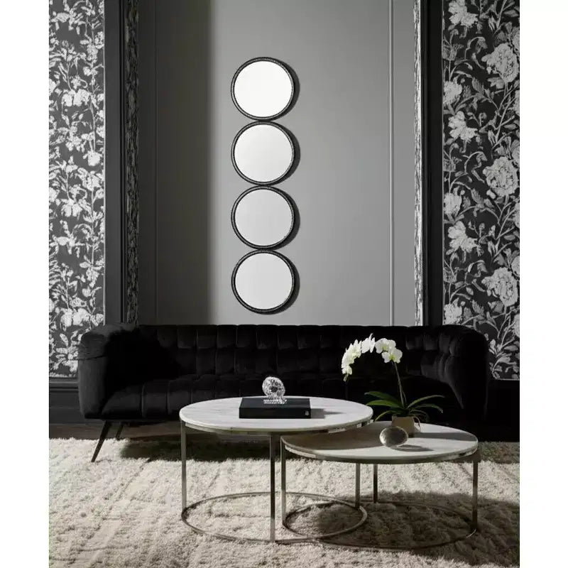 Modern Wall Mirror, Accent Mirror with Round Glass Panels, Wood & Metal Frame, Decorative Home & Office Decor for Living Room & Bedroom, 48 Black