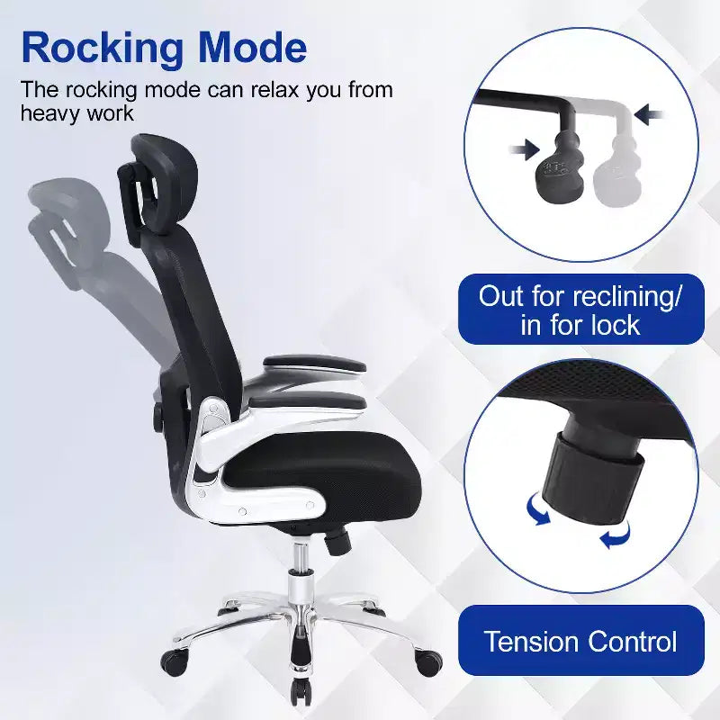 FDW Big and Tall Office Chair Home Office Chair & Sofa Desk Chair with Lumbar Support Flip UP Arms Headrest High Back Ergonomic Mesh Chair, Black