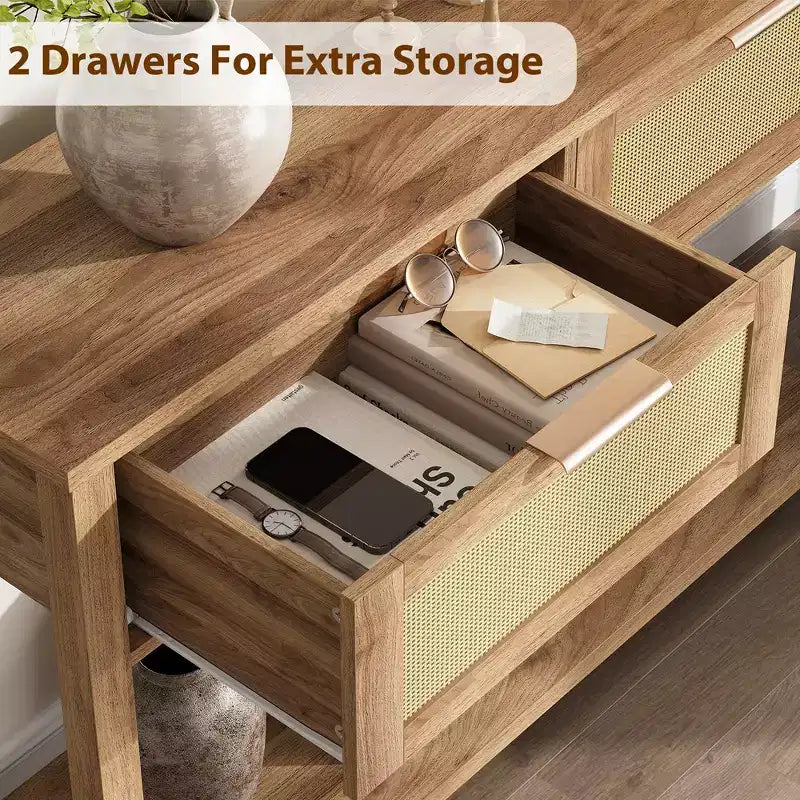 Entryway Table with 2 Drawers, Console Table for Entryway, Wooden Sofa Table with Storage, Boho Console Table for Living Room, Hallway Foyer Table