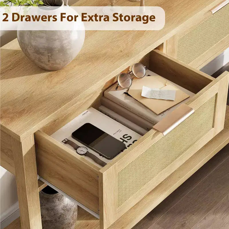 Entryway Table with 2 Drawers, Console Table for Entryway, Wooden Sofa Table with Storage, Boho Console Table for Living Room, Hallway Foyer Table