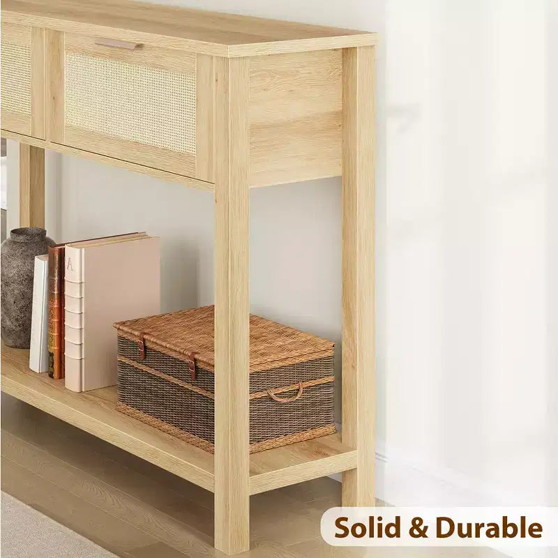 Entryway Table with 2 Drawers, Console Table for Entryway, Wooden Sofa Table with Storage, Boho Console Table for Living Room, Hallway Foyer Table
