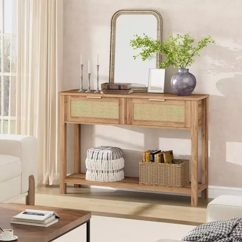Entryway Table with 2 Drawers, Console Table for Entryway, Wooden Sofa Table with Storage, Boho Console Table for Living Room, Hallway Foyer Table