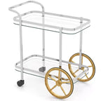 Costway Modern Bar Cart 2-Tier Tempered Glass Serving Cart with 2 Large Aluminum Wheels & 2 Rolling Casters Easy-to-Grip Handle Stainless Steel Frame
