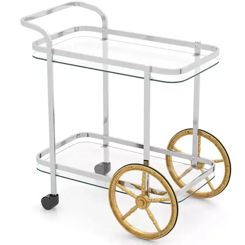 Costway Modern Bar Cart 2-Tier Tempered Glass Serving Cart with 2 Large Aluminum Wheels & 2 Rolling Casters Easy-to-Grip Handle Stainless Steel Frame