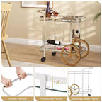 Costway Modern Bar Cart 2-Tier Tempered Glass Serving Cart with 2 Large Aluminum Wheels & 2 Rolling Casters Easy-to-Grip Handle Stainless Steel Frame