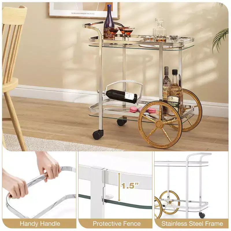 Costway Modern Bar Cart 2-Tier Tempered Glass Serving Cart with 2 Large Aluminum Wheels & 2 Rolling Casters Easy-to-Grip Handle Stainless Steel Frame