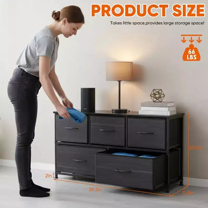 JIONJOY 5 - Drawer Dresser Fabric Dresser Storage Unit Side Table with Metal Frame