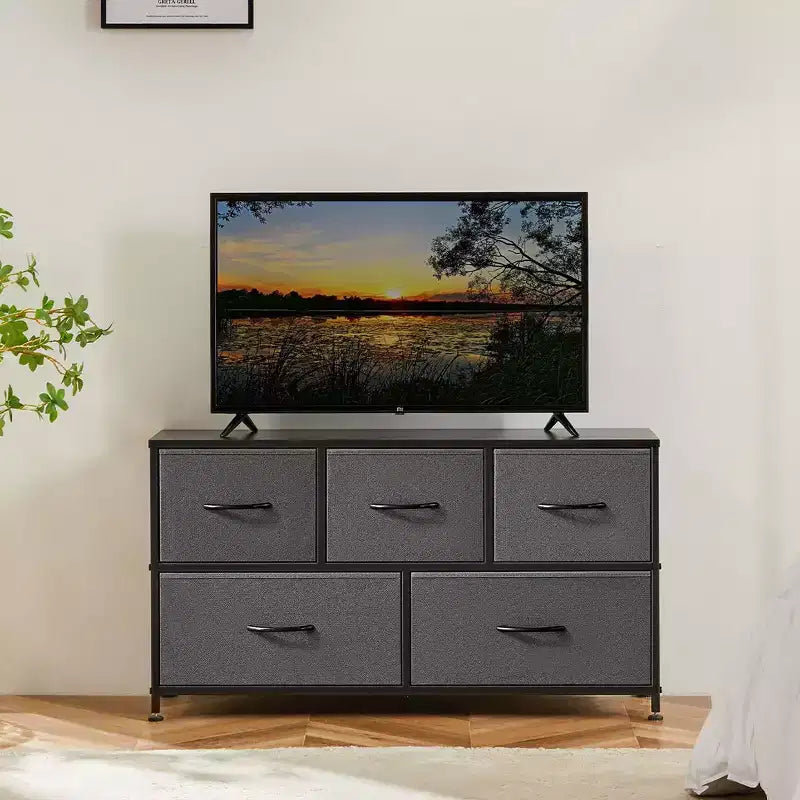 JIONJOY 5 - Drawer Dresser Fabric Dresser Storage Unit Side Table with Metal Frame