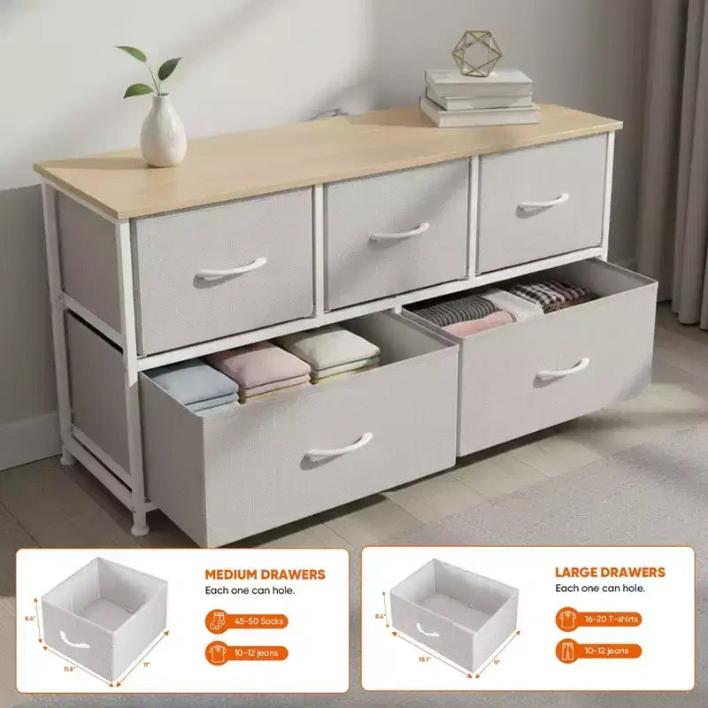 JIONJOY 5 - Drawer Dresser Fabric Dresser Storage Unit Side Table with Metal Frame