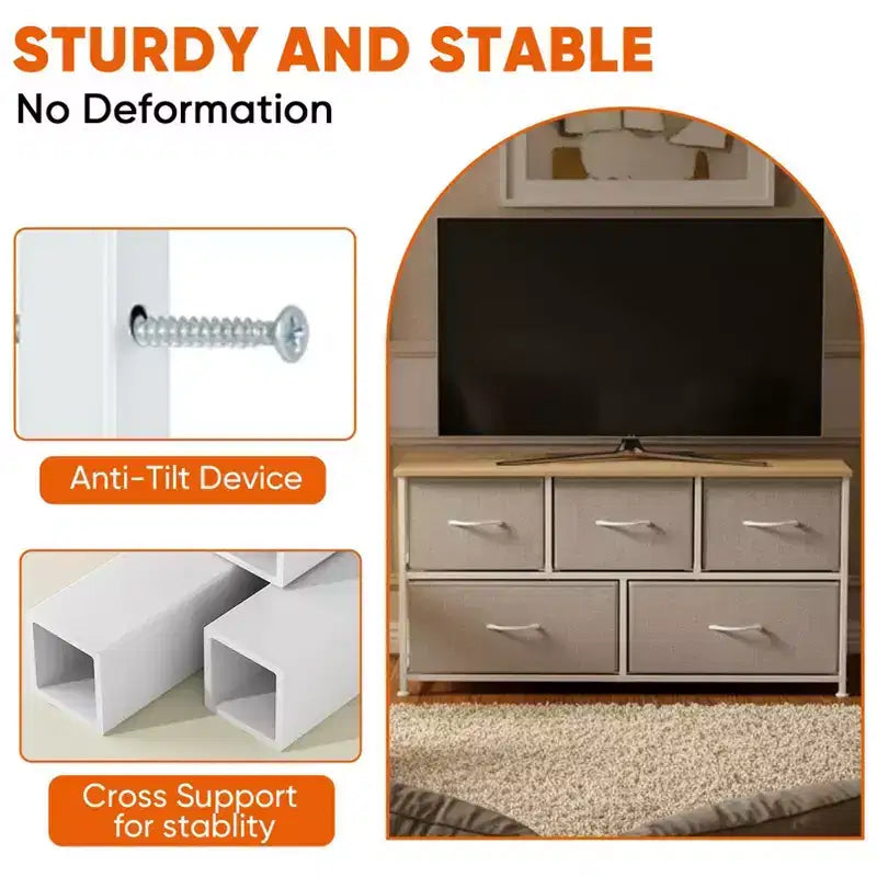 JIONJOY 5 - Drawer Dresser Fabric Dresser Storage Unit Side Table with Metal Frame