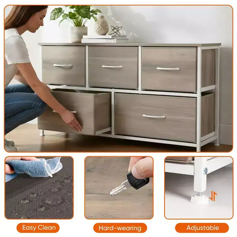 JIONJOY 5 - Drawer Dresser Fabric Dresser Storage Unit Side Table with Metal Frame