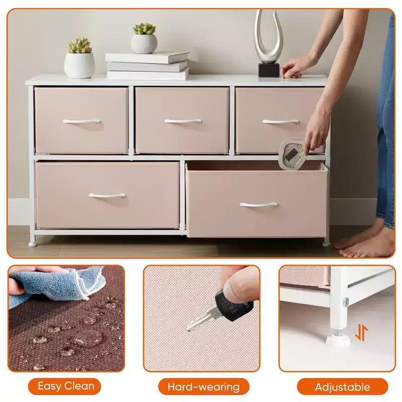 JIONJOY 5 - Drawer Dresser Fabric Dresser Storage Unit Side Table with Metal Frame