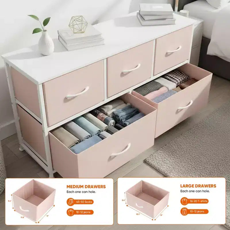 JIONJOY 5 - Drawer Dresser Fabric Dresser Storage Unit Side Table with Metal Frame
