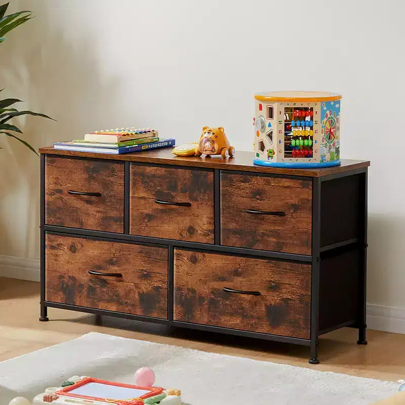 JIONJOY 5 - Drawer Dresser Fabric Dresser Storage Unit Side Table with Metal Frame