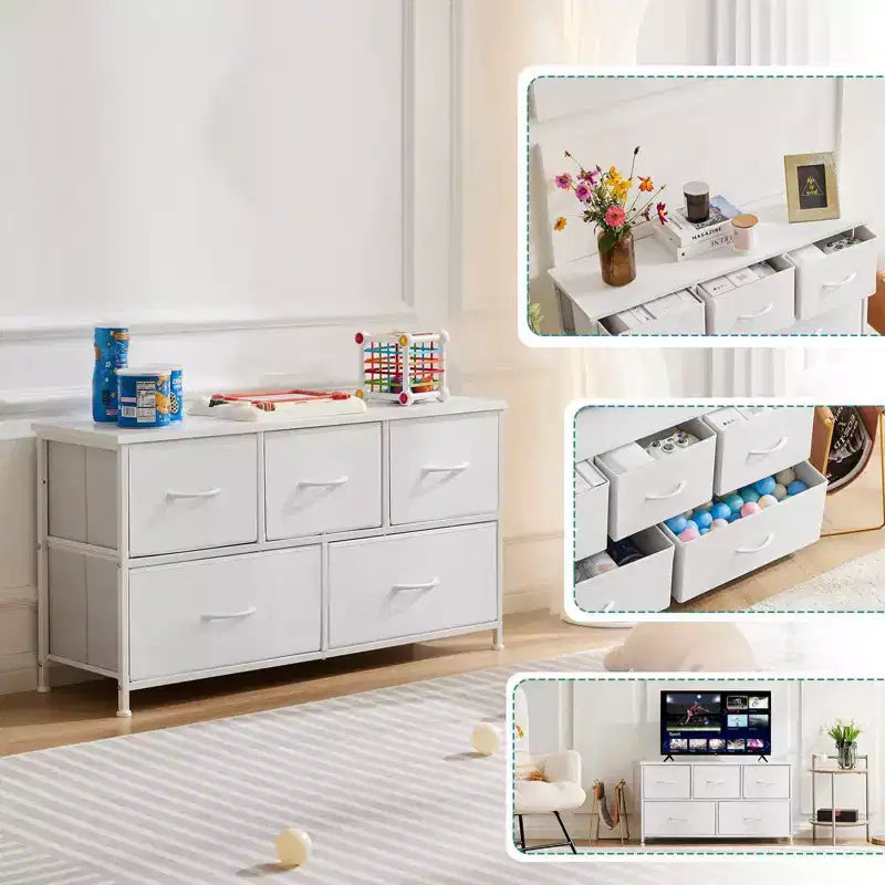 JIONJOY 5 - Drawer Dresser Fabric Dresser Storage Unit Side Table with Metal Frame