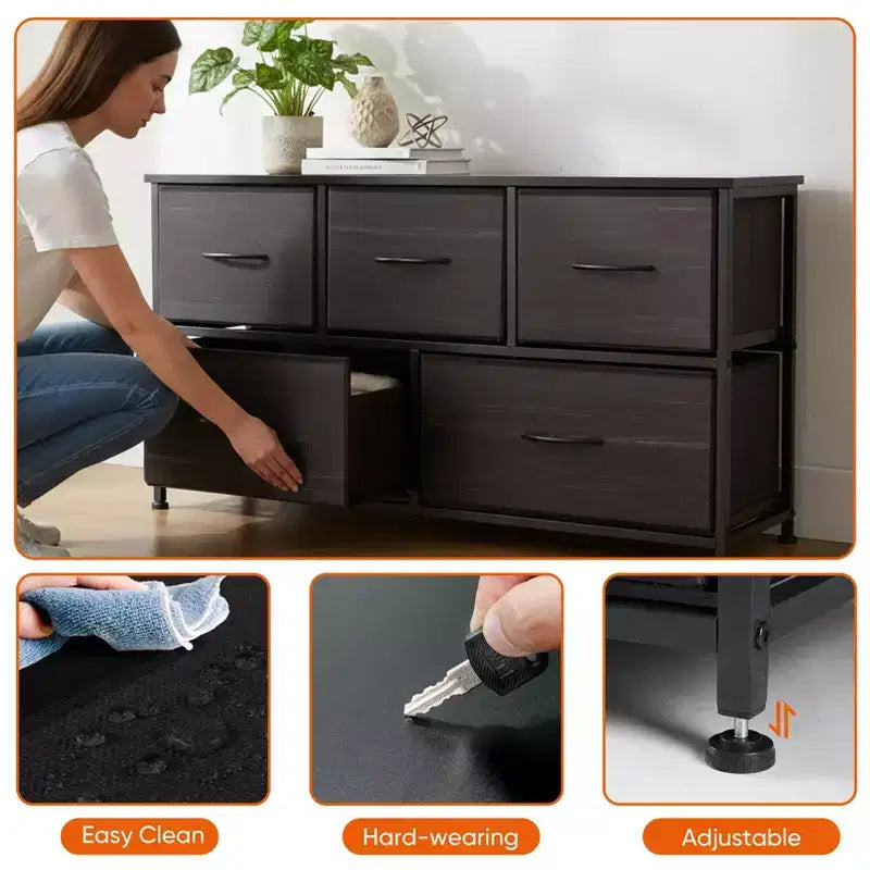 JIONJOY 5 - Drawer Dresser Fabric Dresser Storage Unit Side Table with Metal Frame