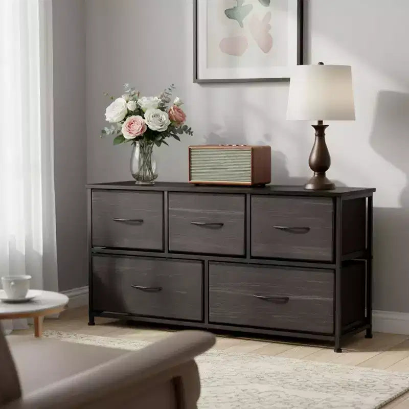 JIONJOY 5 - Drawer Dresser Fabric Dresser Storage Unit Side Table with Metal Frame