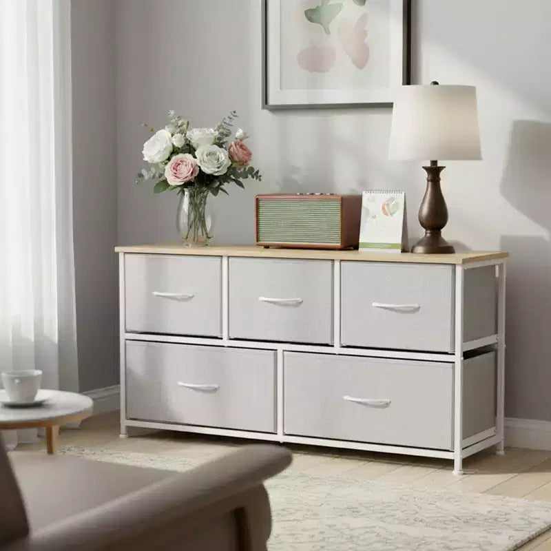 JIONJOY 5 - Drawer Dresser Fabric Dresser Storage Unit Side Table with Metal Frame