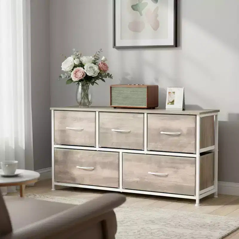 JIONJOY 5 - Drawer Dresser Fabric Dresser Storage Unit Side Table with Metal Frame