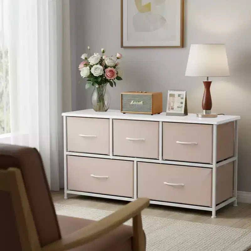 JIONJOY 5 - Drawer Dresser Fabric Dresser Storage Unit Side Table with Metal Frame