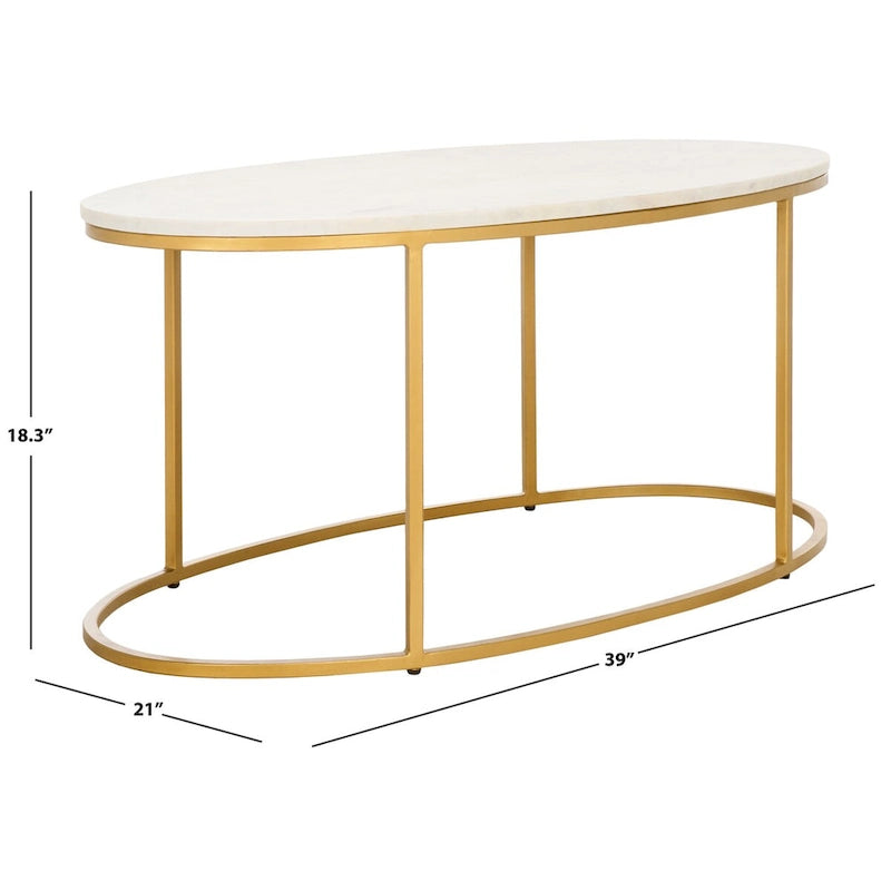 Tavolino da caffè Art Déco in marmo con cornice circolare aperta dorata, completamente assemblato, 99 cm L x 53 cm P x 46 cm A