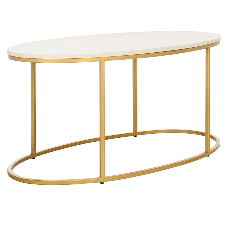 Tavolino da caffè Art Déco in marmo con cornice circolare aperta dorata, completamente assemblato, 99 cm L x 53 cm P x 46 cm A