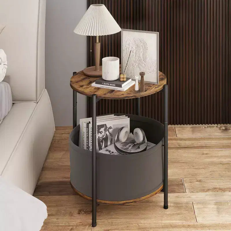 Set of 2 Round Side Tables with Removable Fabric Basket Industrial End Tables