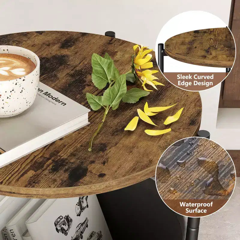 Set of 2 Round Side Tables with Removable Fabric Basket Industrial End Tables