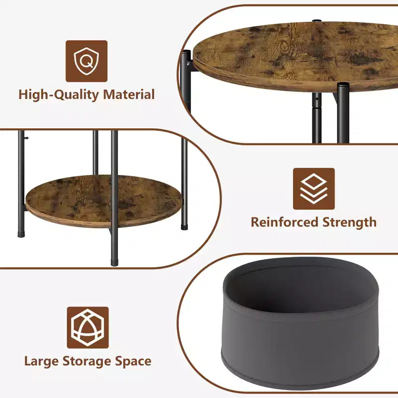 Set of 2 Round Side Tables with Removable Fabric Basket Industrial End Tables