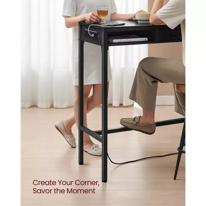 Bar Table with Power Outlet, 39.3 Inches Bar Height Pub Table, Rectangular Storage Kitchen Table with Movable Drawer, 2 Hooks, Narrow High Top Table