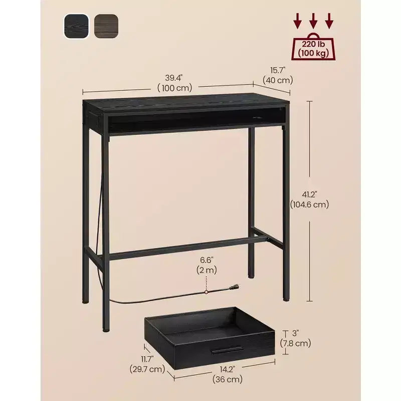 Bar Table with Power Outlet, 39.3 Inches Bar Height Pub Table, Rectangular Storage Kitchen Table with Movable Drawer, 2 Hooks, Narrow High Top Table