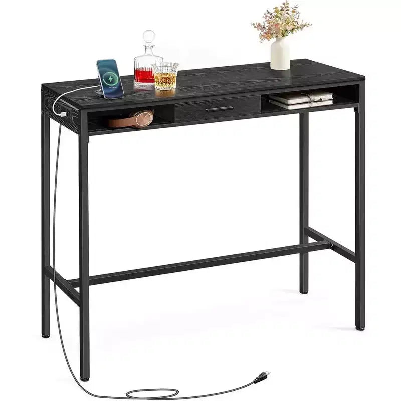 Bar Table with Power Outlet, 39.3 Inches Bar Height Pub Table, Rectangular Storage Kitchen Table with Movable Drawer, 2 Hooks, Narrow High Top Table