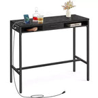 Bar Table with Power Outlet, 39.3 Inches Bar Height Pub Table, Rectangular Storage Kitchen Table with Movable Drawer, 2 Hooks, Narrow High Top Table