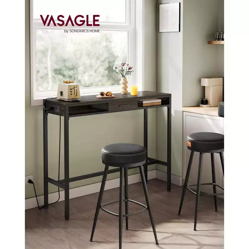 Bar Table with Power Outlet, 39.3 Inches Bar Height Pub Table, Rectangular Storage Kitchen Table with Movable Drawer, 2 Hooks, Narrow High Top Table