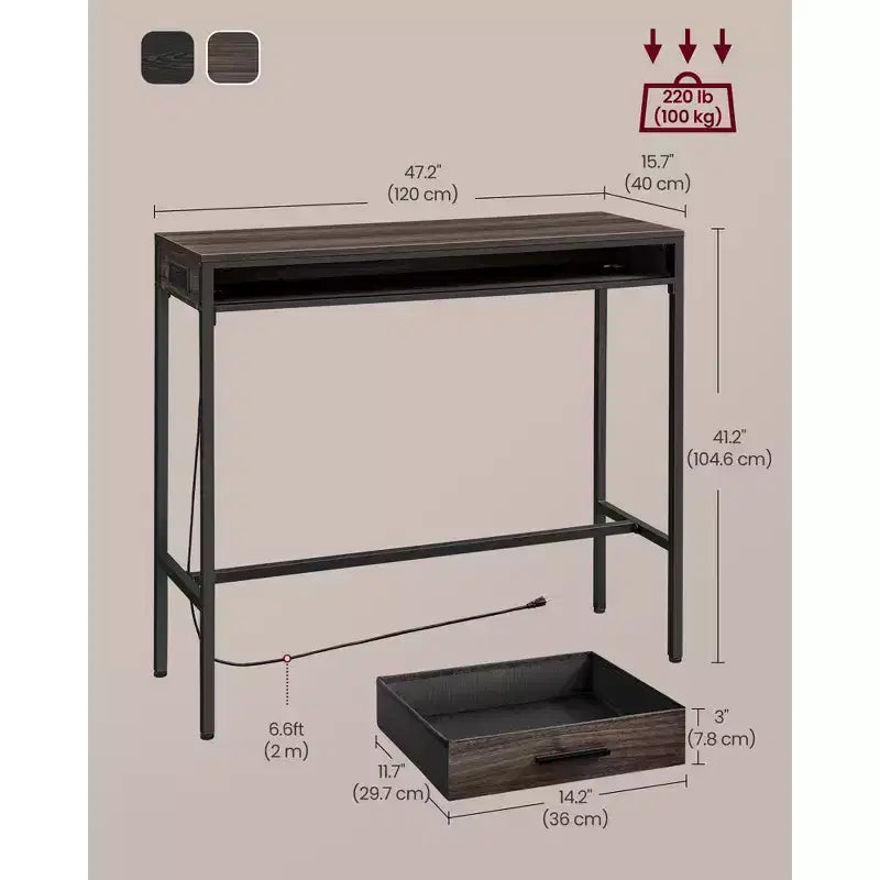 Bar Table with Power Outlet, 39.3 Inches Bar Height Pub Table, Rectangular Storage Kitchen Table with Movable Drawer, 2 Hooks, Narrow High Top Table