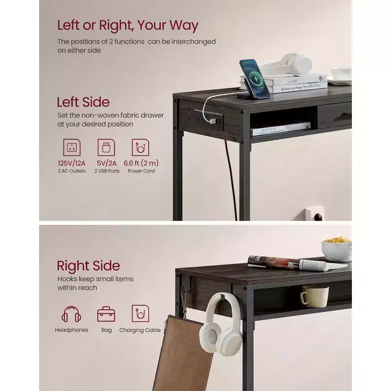 Bar Table with Power Outlet, 39.3 Inches Bar Height Pub Table, Rectangular Storage Kitchen Table with Movable Drawer, 2 Hooks, Narrow High Top Table