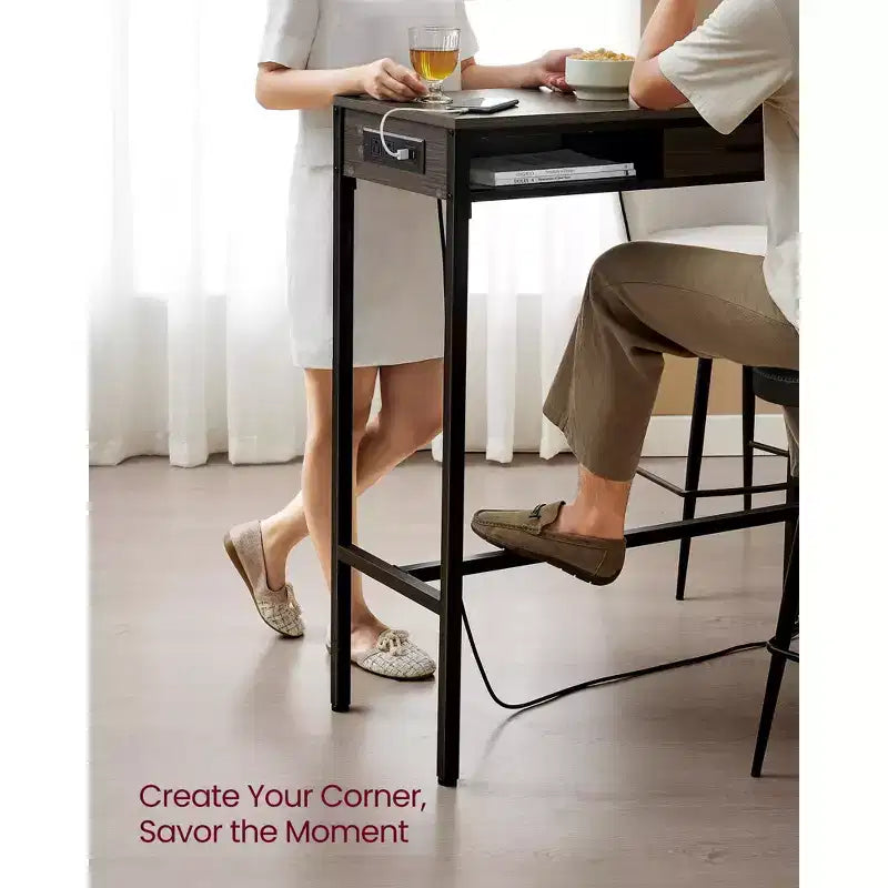 Bar Table with Power Outlet, 39.3 Inches Bar Height Pub Table, Rectangular Storage Kitchen Table with Movable Drawer, 2 Hooks, Narrow High Top Table