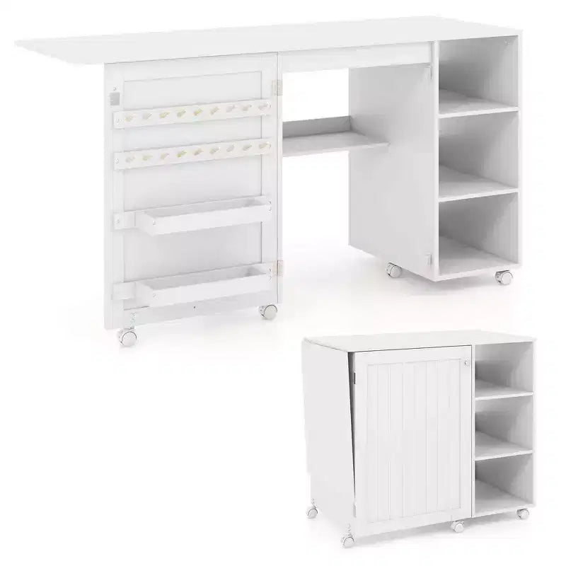 Costway Folding Sewing Table with Storage Shelves 2 Storage Bins & 18 Pegs Lockable Casters