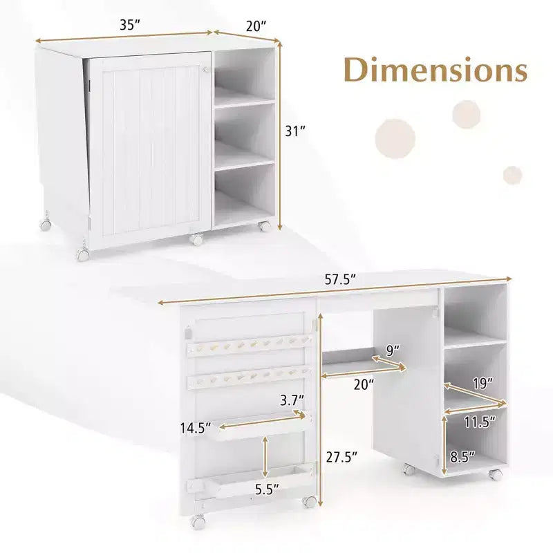 Costway Folding Sewing Table with Storage Shelves 2 Storage Bins & 18 Pegs Lockable Casters