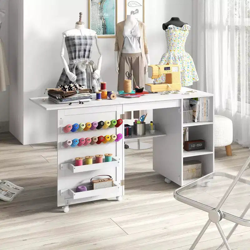 Costway Folding Sewing Table with Storage Shelves 2 Storage Bins & 18 Pegs Lockable Casters