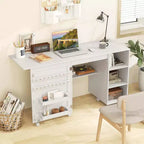 Costway Folding Sewing Table with Storage Shelves 2 Storage Bins & 18 Pegs Lockable Casters