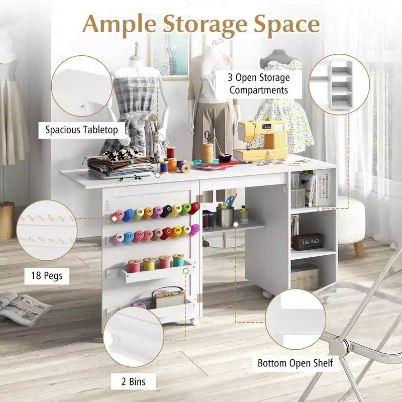Costway Folding Sewing Table with Storage Shelves 2 Storage Bins & 18 Pegs Lockable Casters
