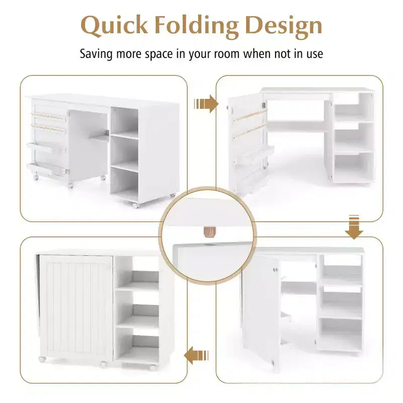Costway Folding Sewing Table with Storage Shelves 2 Storage Bins & 18 Pegs Lockable Casters