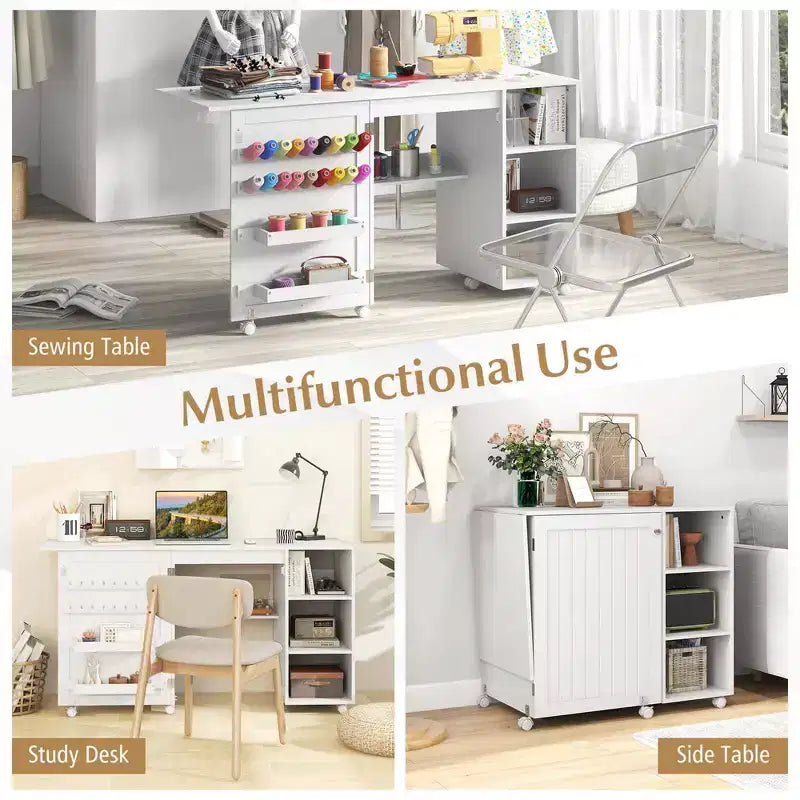 Costway Folding Sewing Table with Storage Shelves 2 Storage Bins & 18 Pegs Lockable Casters
